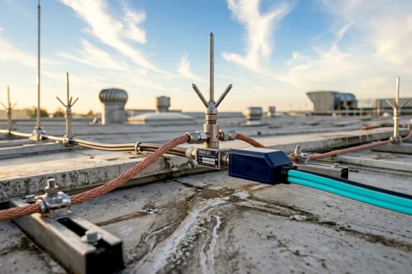Vue en hauteur d’un bâtiment industriel équipé d’un paratonnerre