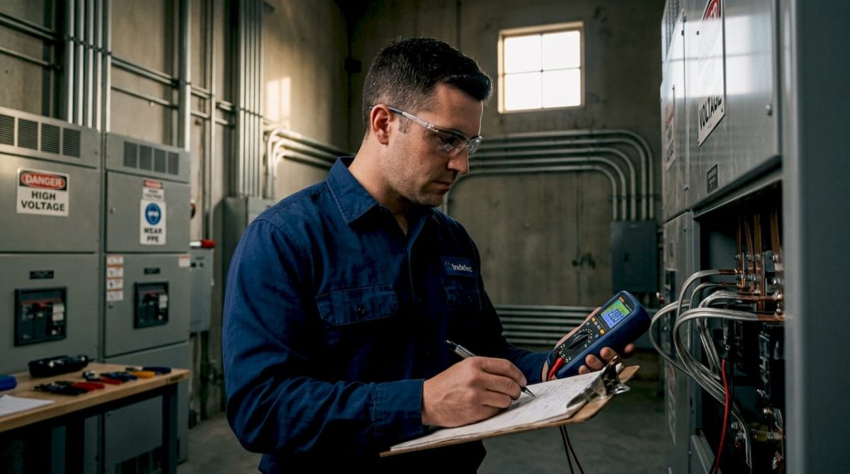 Engineer inspecting electrical bonding in industrial facility