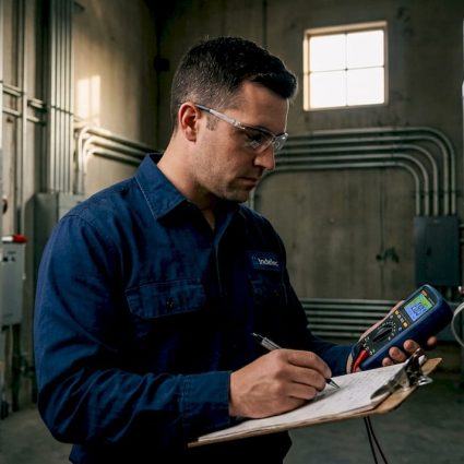 Engineer inspecting electrical bonding in industrial facility