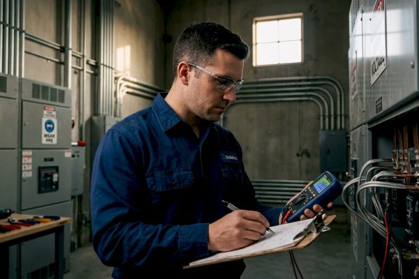 Engineer inspecting electrical bonding in industrial facility