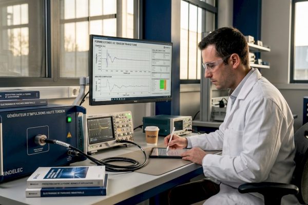 Un ingénieur procède à un essai de surtension foudre en laboratoire.