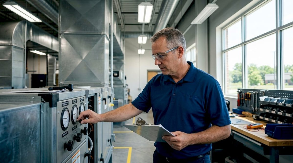 Facility manager inspecting rooftop equipment