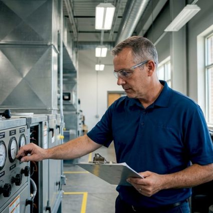 Facility manager inspecting rooftop equipment