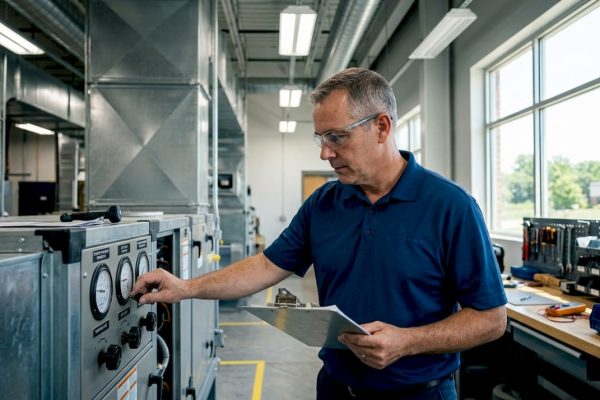 Facility manager inspecting rooftop equipment