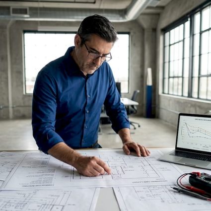 Engineer reviewing grounding technology schematics in office