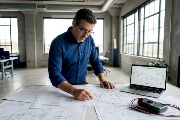 Engineer reviewing grounding technology schematics in office