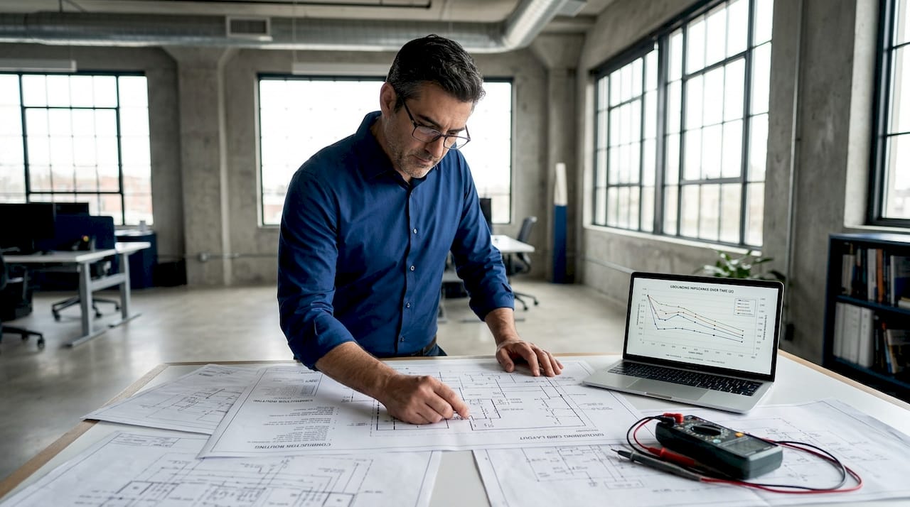 Engineer reviewing grounding technology schematics in office