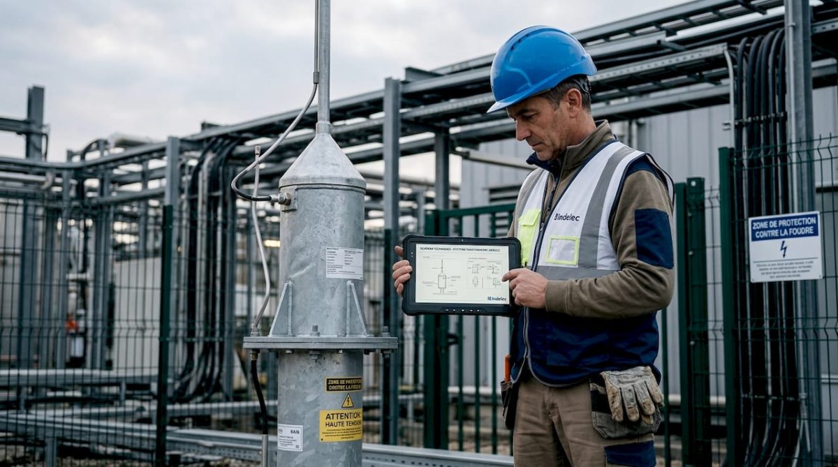 Un ingénieur procède à la vérification du système de protection contre la foudre en extérieur.