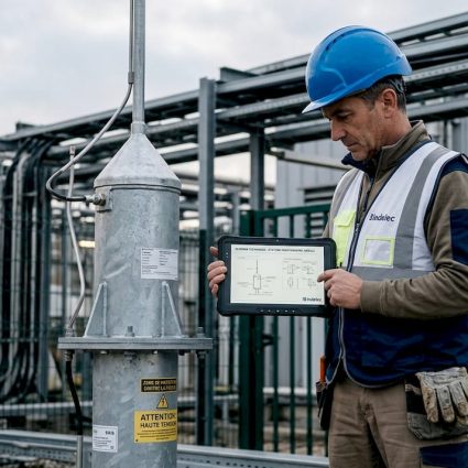Un ingénieur procède à la vérification du système de protection contre la foudre en extérieur.