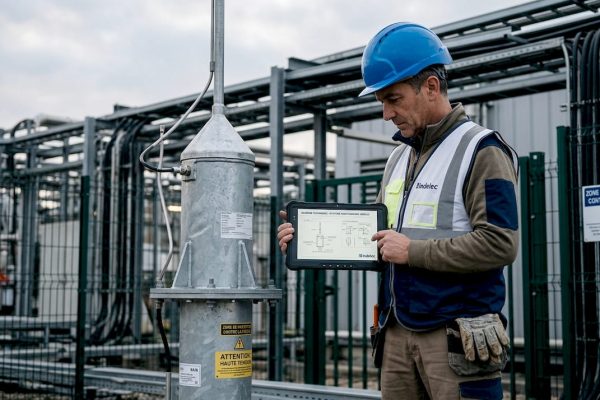 Un ingénieur procède à la vérification du système de protection contre la foudre en extérieur.