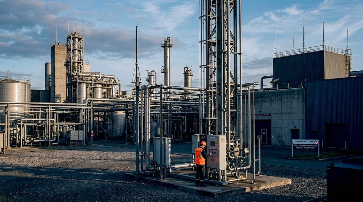 Site industriel équipé d’un dispositif de protection contre la foudre.