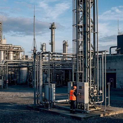 Site industriel équipé d’un dispositif de protection contre la foudre.