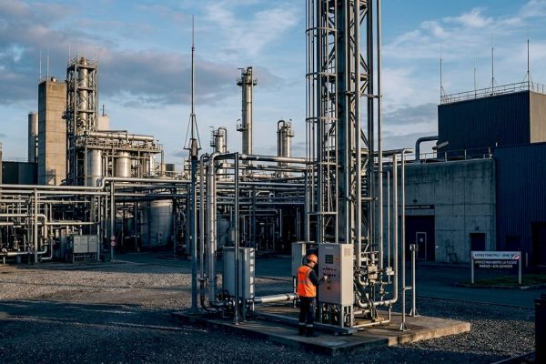 Site industriel équipé d’un dispositif de protection contre la foudre.
