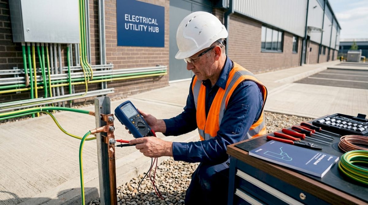 Electrician testing grounding rod installation outdoors