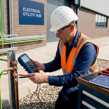 Electrician testing grounding rod installation outdoors