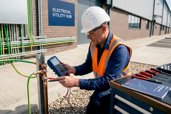 Electrician testing grounding rod installation outdoors