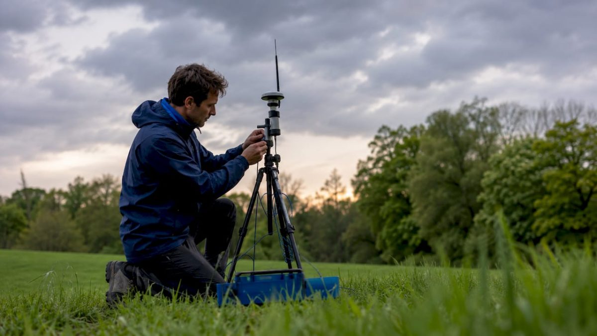 Scientist adjusting lightning detection equipment outside