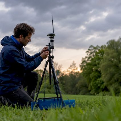 Scientist adjusting lightning detection equipment outside