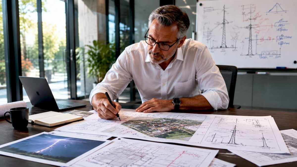 Un ingénieur examine les plans d’un site pour évaluer les risques liés à la foudre.
