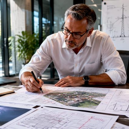 Un ingénieur examine les plans d’un site pour évaluer les risques liés à la foudre.