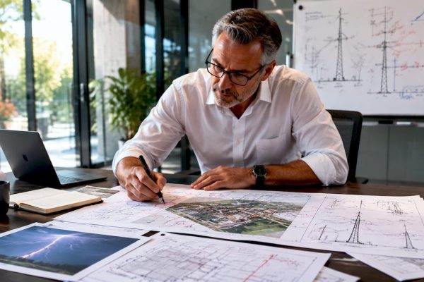 Un ingénieur examine les plans d’un site pour évaluer les risques liés à la foudre.