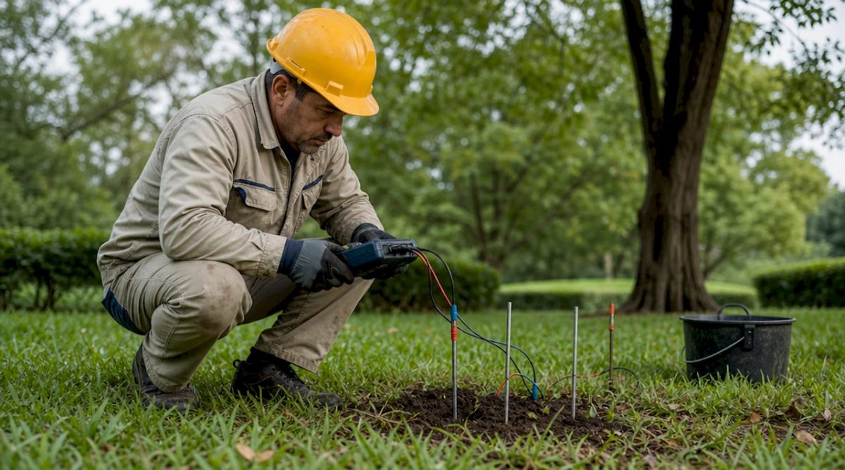 Un électricien effectue une mesure de la résistivité du sol sur un chantier en plein air.