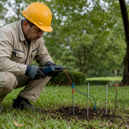 Un électricien effectue une mesure de la résistivité du sol sur un chantier en plein air.