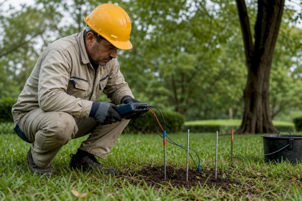 Un électricien effectue une mesure de la résistivité du sol sur un chantier en plein air.