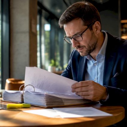 Facility manager reviewing certification documents