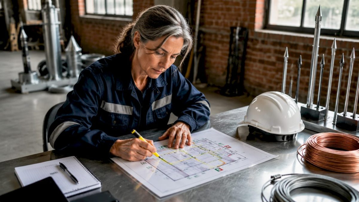 Un ingénieur passe en revue le plan d’évacuation sur un site industriel.