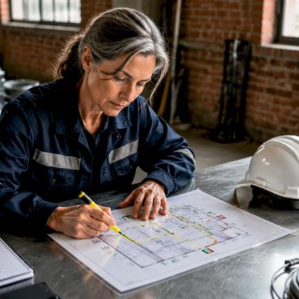 Un ingénieur passe en revue le plan d’évacuation sur un site industriel.