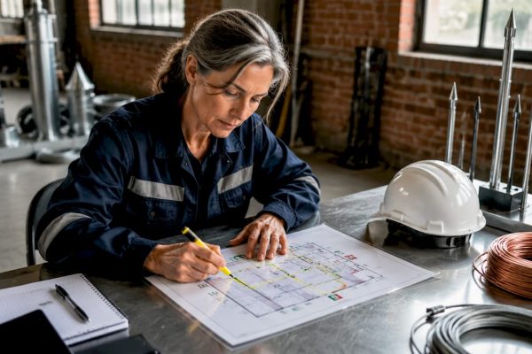 Un ingénieur passe en revue le plan d’évacuation sur un site industriel.