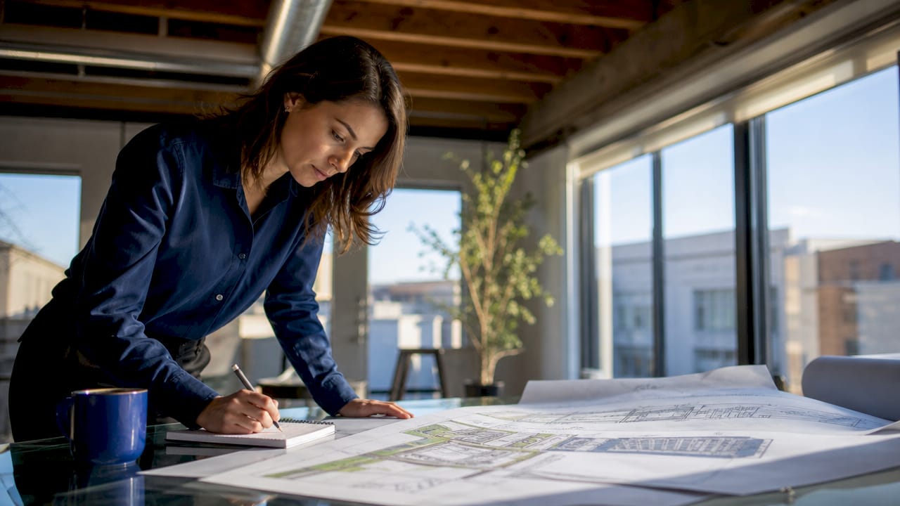 Architect reviewing protective design blueprints