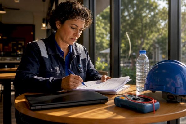 Safety officer reviewing electrical hazard reports