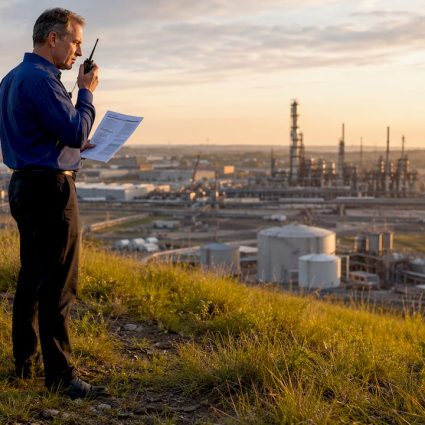 Industrial manager reviewing facility security outside