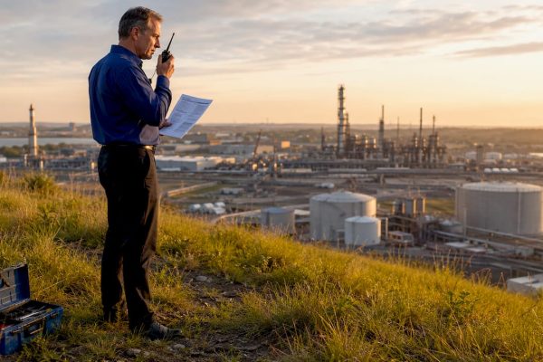 Industrial manager reviewing facility security outside