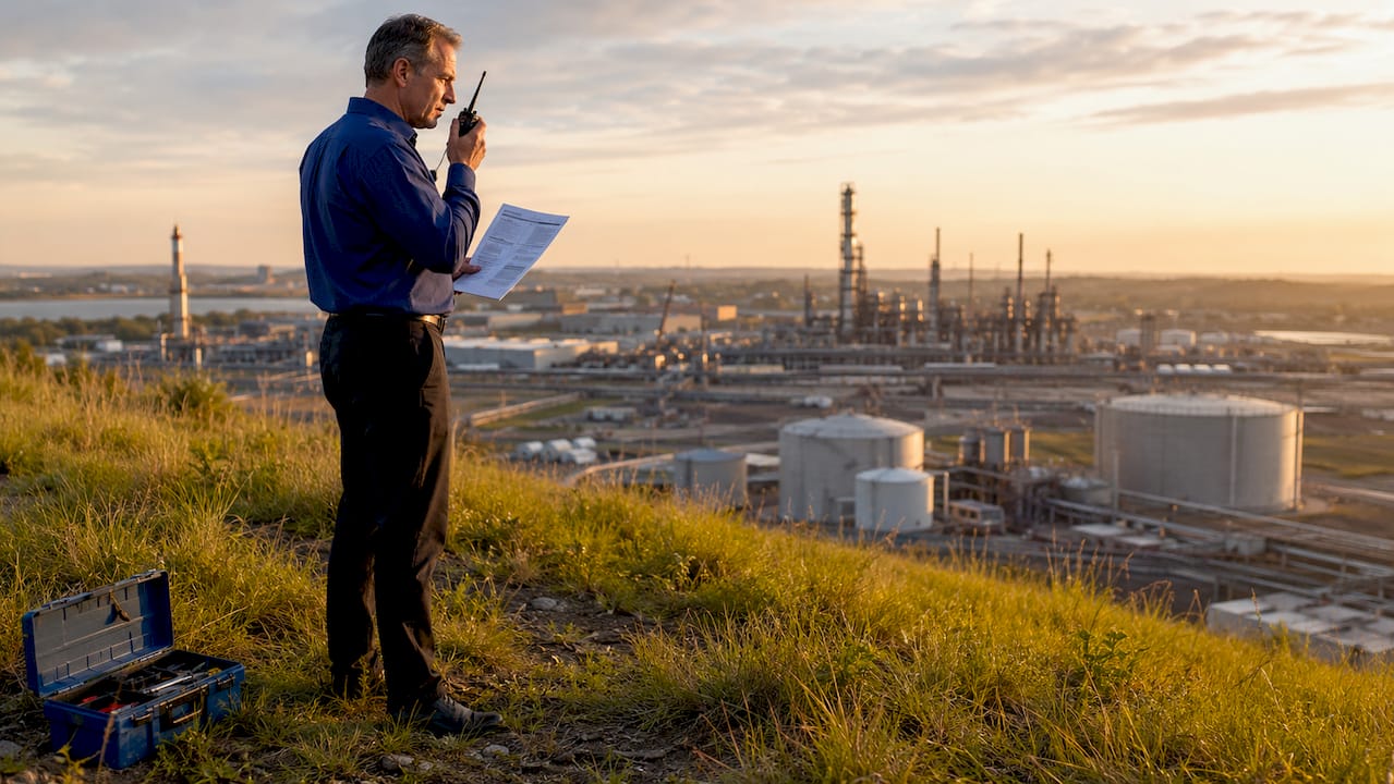 Industrial manager reviewing facility security outside