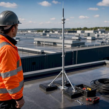 Un ingénieur en électricité procède à la vérification d’un système de protection contre la foudre sur un site extérieur.