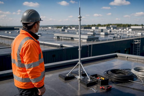 Un ingénieur en électricité procède à la vérification d’un système de protection contre la foudre sur un site extérieur.