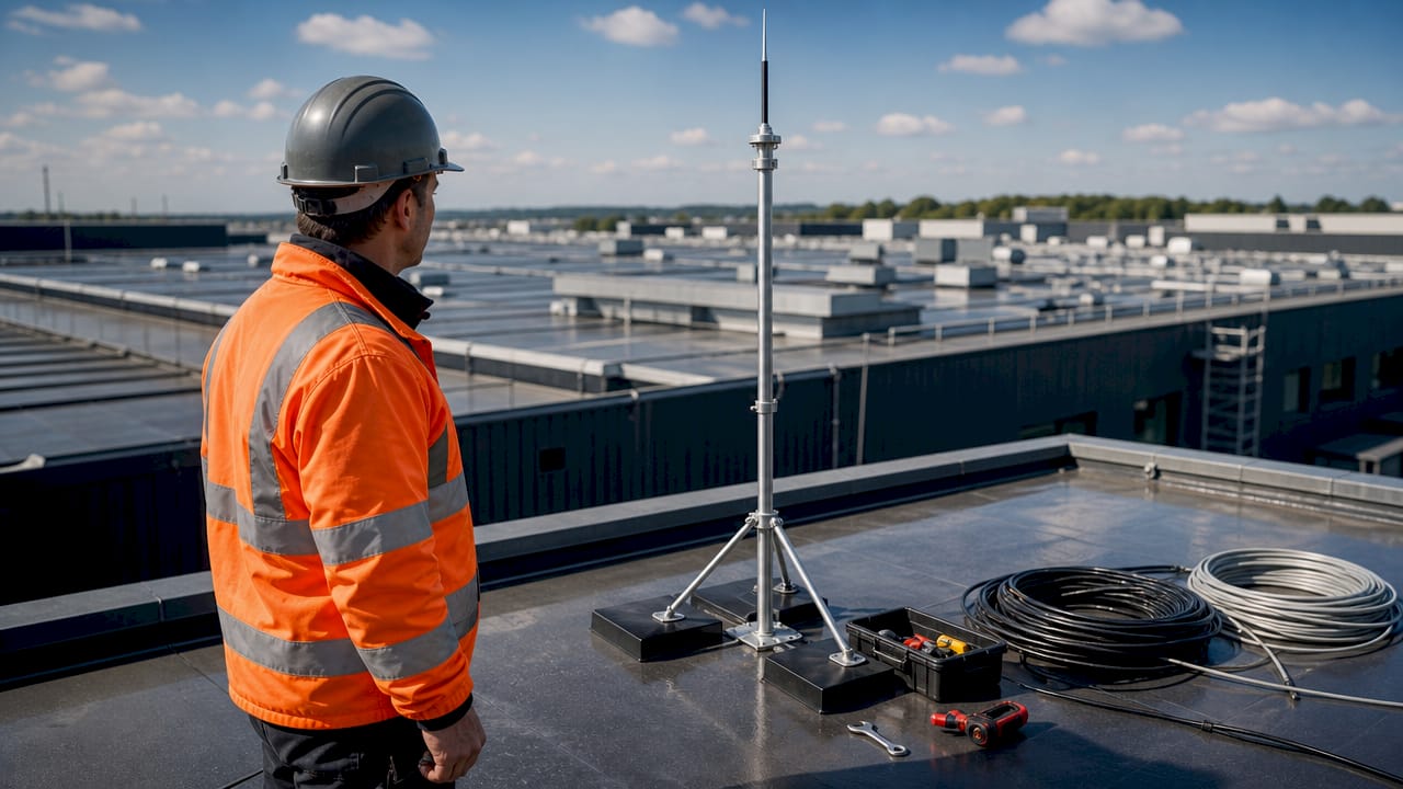 Un ingénieur en électricité procède à la vérification d’un système de protection contre la foudre sur un site extérieur.