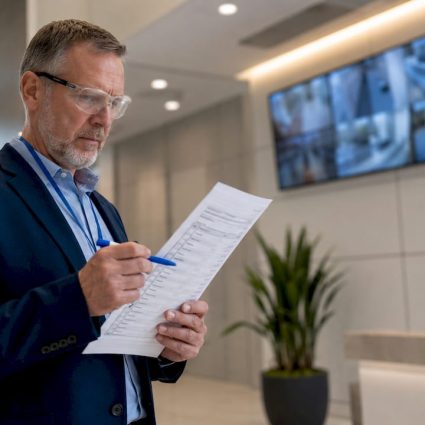 Facility manager reviewing printed security checklist