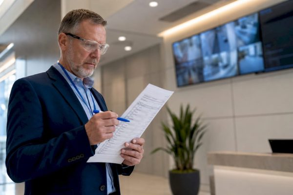 Facility manager reviewing printed security checklist