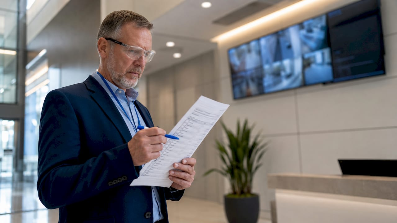 Facility manager reviewing printed security checklist