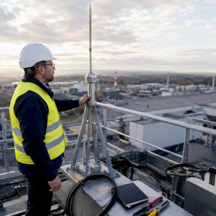 Un ingénieur procède à la vérification d’un paratonnerre sur un site industriel.