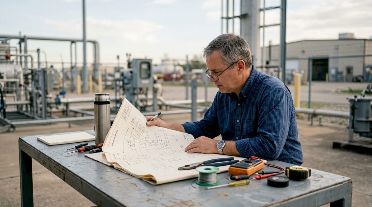 Un ingénieur analyse le schéma électrique d’un réseau de mise à la terre.