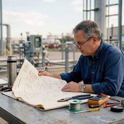 Un ingénieur analyse le schéma électrique d’un réseau de mise à la terre.