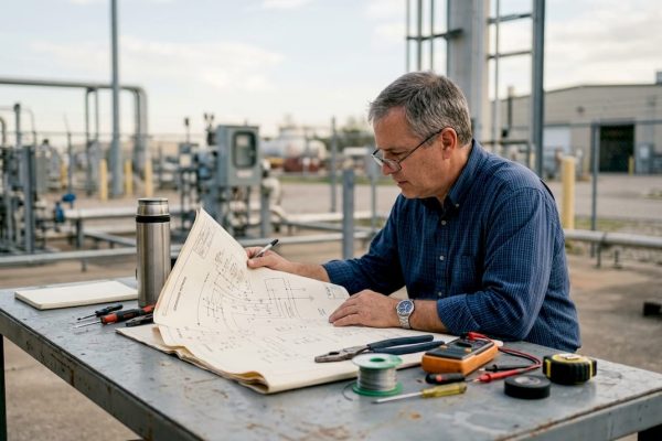 Un ingénieur analyse le schéma électrique d’un réseau de mise à la terre.