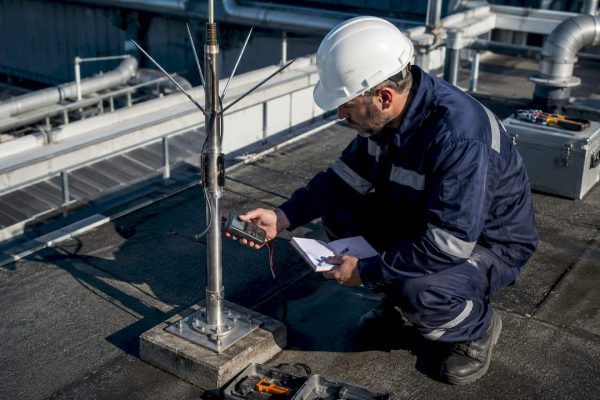 Un contrôleur effectue une vérification sur un paratonnerre installé dans une zone industrielle.