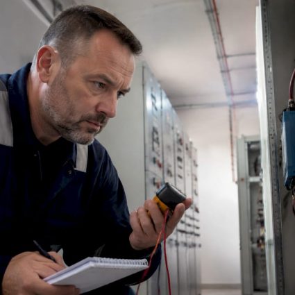 Un technicien procède au contrôle d’un parafoudre industriel.