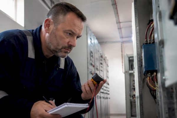 Un technicien procède au contrôle d’un parafoudre industriel.
